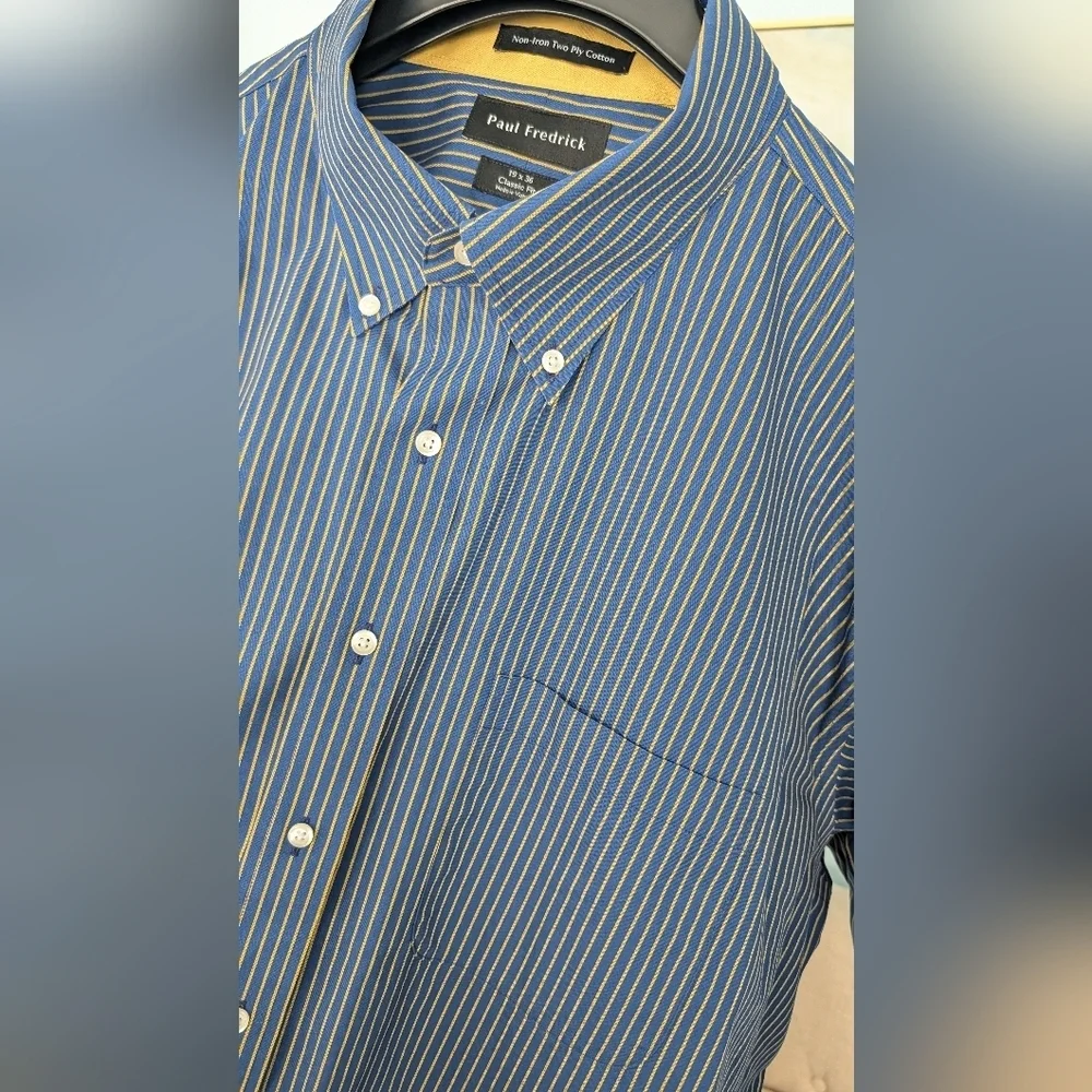 Paul Fredrick Non Iron Two Ply Cotton Blue Yellow Classic Fit Shirt Sz 19x36